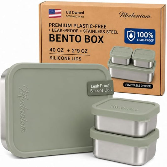 Modaniam Flexibento Leak Proof 40 OZ Stainless Steel Lunch Box, Silicone Lids, Sage Set of 3