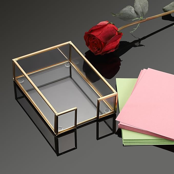 BTSKY Golden Glass Sticky Note Holder for 4x6 Inch Sticky Notes, Elegant Post It Note Dispenser with Non-Slip Pads Clear Notepad Holder for Desk Organization Planning, Home Office Decor