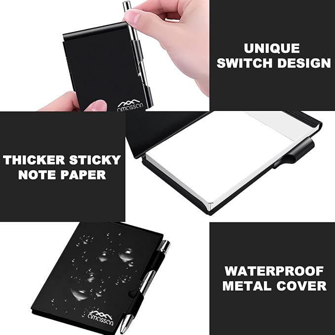 Metal Small Notebook, Mini Notepad, Small Pocket Notepad Aluminum Note Case with Mini Metal Pen and 60-Page Sheets - Memo Books Note Pads, Solid Black