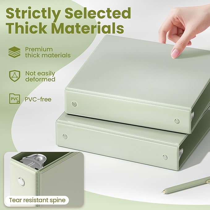 SUNEE 3 Ring Binder 1.5 Inch 2 Pack, Clear View Binder Three Ring PVC-Free (Fit 8.5x11 Inches) for School or Office Supplies, Sage Green