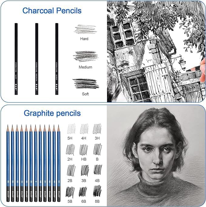 H & B 50 PCS Pro Drawing Set Sketching Kit, Art Kit with Drawing Pencils for Sketching, Graphite and Charcoal Pencils & Sketch Book Set, Art Supplies for Adults and Artists