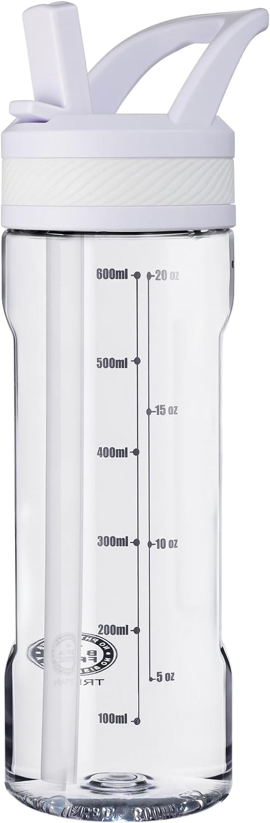 OLDLEY 20oz Kids Water Bottle with Straw, BPA-Free Tritan Water Bottle for School, Leakproof Clear Water Bottle with One Click Open, Measurement Scale, Cup Holder Friendly for Boys Girls,Clear White