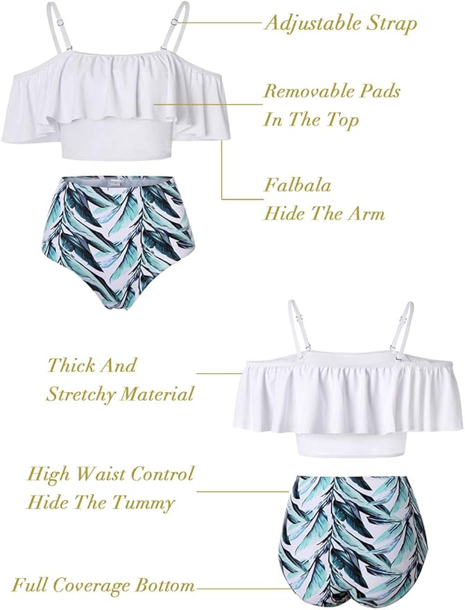 Kaei&Shi High Waisted Flounce Bikini Set,Tummy Control Swimsuits for Women,Off Shoulder