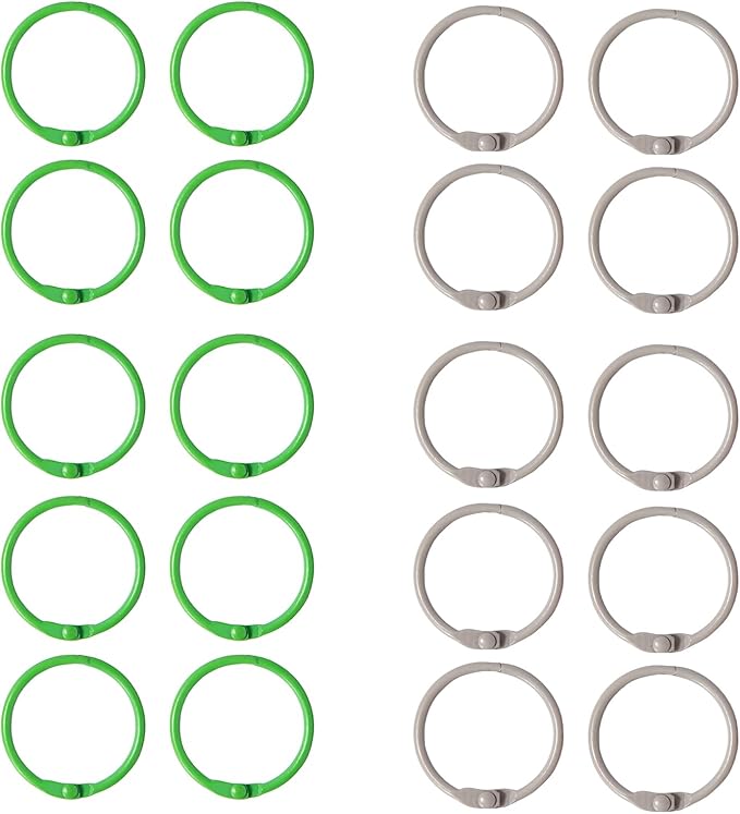 20 Pack 1 Inch Binder Rings, 2 Assorted Colors Loose Leaf Book Rings, Nickel Plated Metal Rings for Flash Cards, Index Cards, Key Rings, School Office Supplies (Green & Gray)