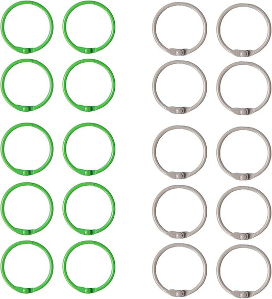 20 Pack 1 Inch Binder Rings, 2 Assorted Colors Loose Leaf Book Rings, Nickel Plated Metal Rings for Flash Cards, Index Cards, Key Rings, School Office Supplies (Green & Gray)
