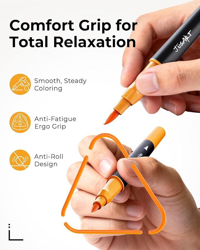 JusArt Markers for Adult Coloring Books No Bleeding, 60 Colors Coloring Markers with Dual Tips, Fine & Brush Pens with Ergonomic Triangle Grip & 33% More Ink, Water-Based Art Drawing Set for Adults