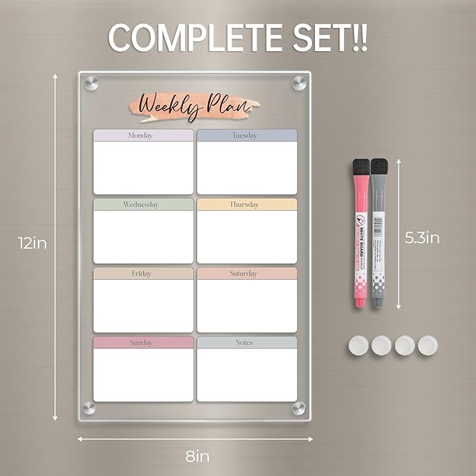 Magnetic Acrylic Weekly Dry-Erase Board -8x12 Inch Fridge Calendar Organizer, Color-Block Design for Clear Visual Planning, with Erasable Magnetic Markers, Ideal for Workers, Students, Home, Office