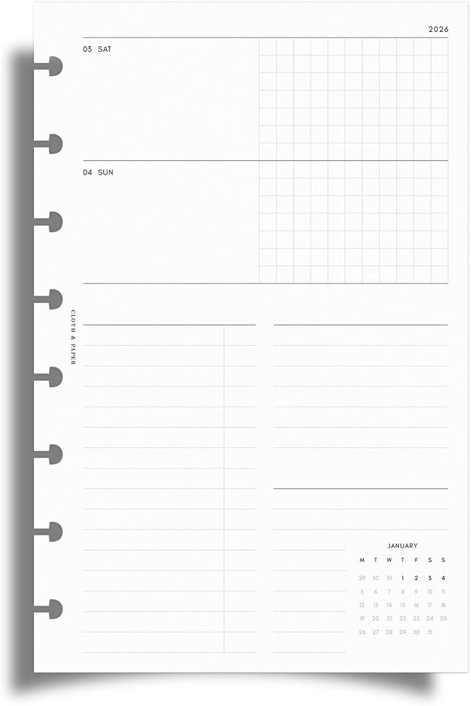 Cloth & Paper 2026 Dated Weekly Planner Inserts - Monday Start | Half Letter Size 5.5 x 8.5 Inches | 8 Discbound Punch Horizontal Weekly Layout, 214 Dated Pages | Minimal Agenda Refill