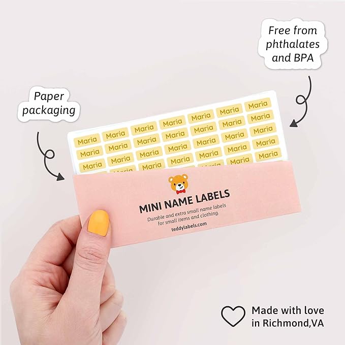 Mini Name Labels (175) - Custom Personalized Name Labels for Labeling Tiny Items, Washer and Dryer-Safe Waterproof Labels for Daycare, Preschool, and School - Yellow