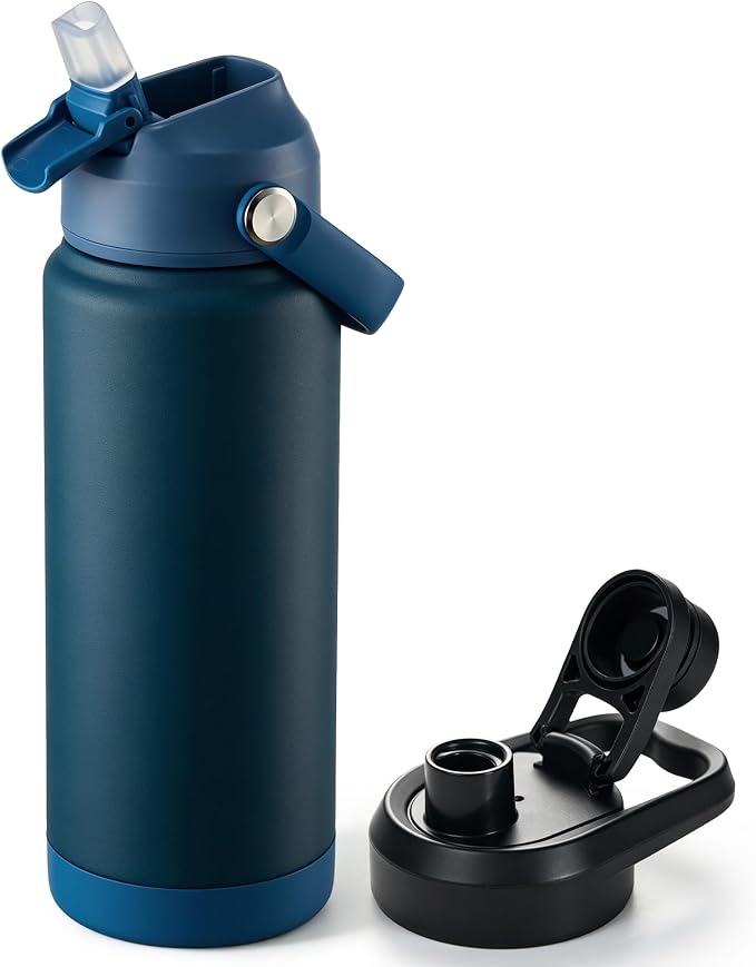 Fijinhom 24 oz Insulated Water Bottle with 2 Lids, Stainless Steel Water Bottles, Double Wall Vacuum, Portable Handle & Non-slip Bottom, BPA Free Leak Proof Metal Bottles, Keep Cold 24H, Dark Blue