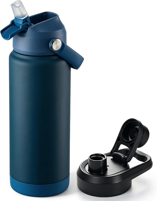 Fijinhom 24 oz Insulated Water Bottle with 2 Lids, Stainless Steel Water Bottles, Double Wall Vacuum, Portable Handle & Non-slip Bottom, BPA Free Leak Proof Metal Bottles, Keep Cold 24H, Dark Blue