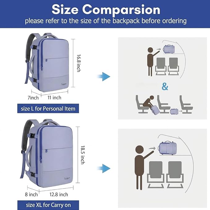 Taygeer Travel Backpack for Women,40L Travel Laptop Mochila Carryon Luggage | College Backpack with Laptop Compartment & Shoe Pouch, Airline Approved Personal Item Bag for Weekender Gym Hiking, Gray Blue