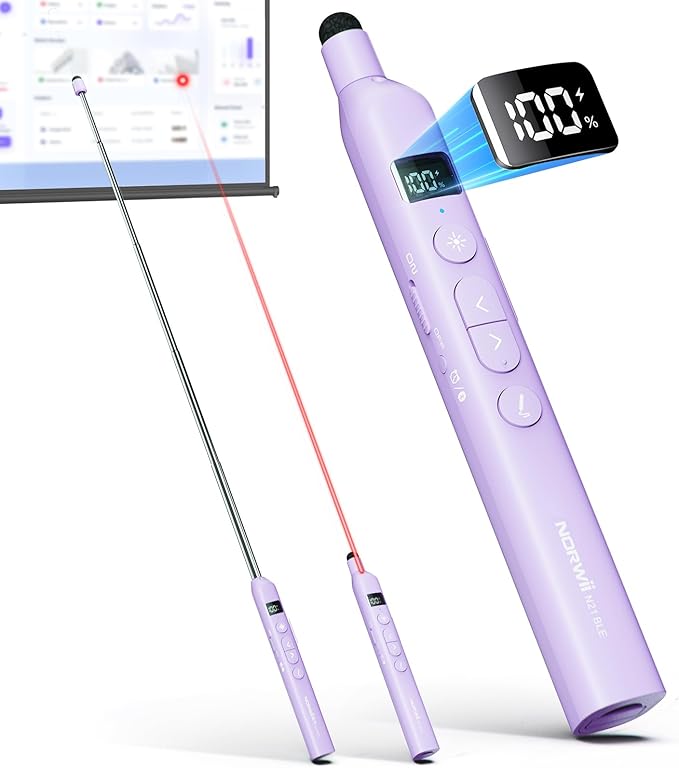 Norwii N21 Bluetooth Presentation Clicker with Telescopic Teaching Pointer, Presentation Remote with Retractable Stick for PowerPiont, Wireless Presenter, Slide Advancer - Purple