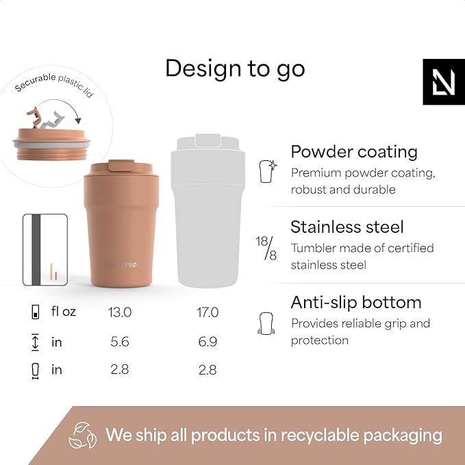 LARS NYSØM Thermo Coffee Mug to go 13oz | Travel Mug 0.38 Liter with Insulation | Silicone grip base | Leak Proof Stainless Steel Tumbler for Coffee and Tea on the Go (Powder Rose, 13oz)
