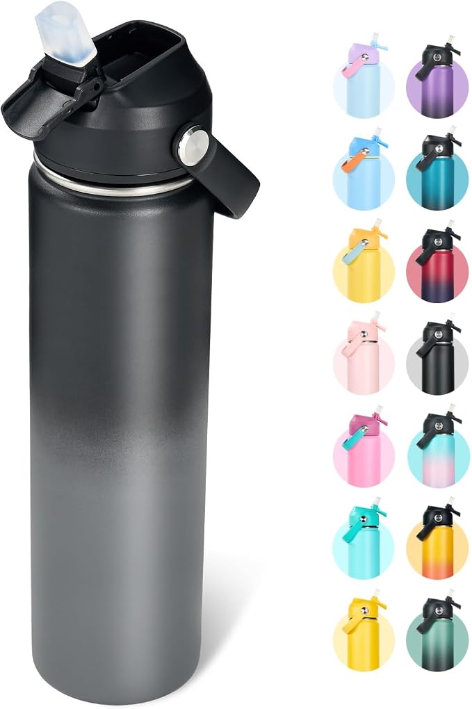 Fijinhom 24oz Insulated Stainless Steel Water Bottle, Wide Mouth Double Wall Vacuum, Silicone Straw, Sweat & Leak Proof, BPA Free Insulated Water Flask for Travel, Keep Cold 24h Hot 12h, Grey