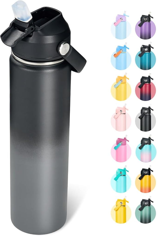 Fijinhom 24oz Insulated Stainless Steel Water Bottle, Wide Mouth Double Wall Vacuum, Silicone Straw, Sweat & Leak Proof, BPA Free Insulated Water Flask for Travel, Keep Cold 24h Hot 12h, Grey