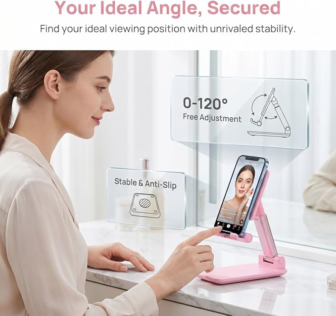 Phone Stand, Angle HeightAdjustable Cell Phone Holder withSilicon Pad for Desk Fully ForldableMobile Phone Holder Compatible withAll Mobile Phones