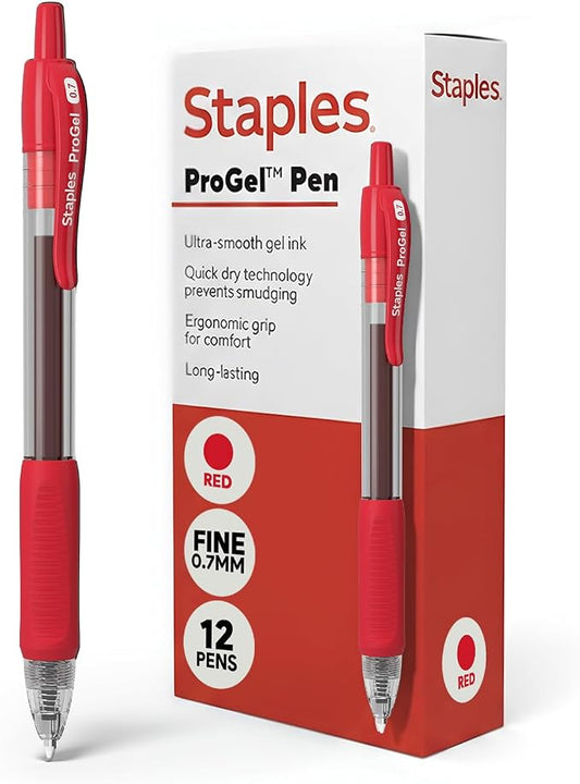 Staples Retractable Gel Pens, Fine Point, Red Ink, 12-Pack | Smooth, quick-dry writing for notes, editing, and everyday office use.