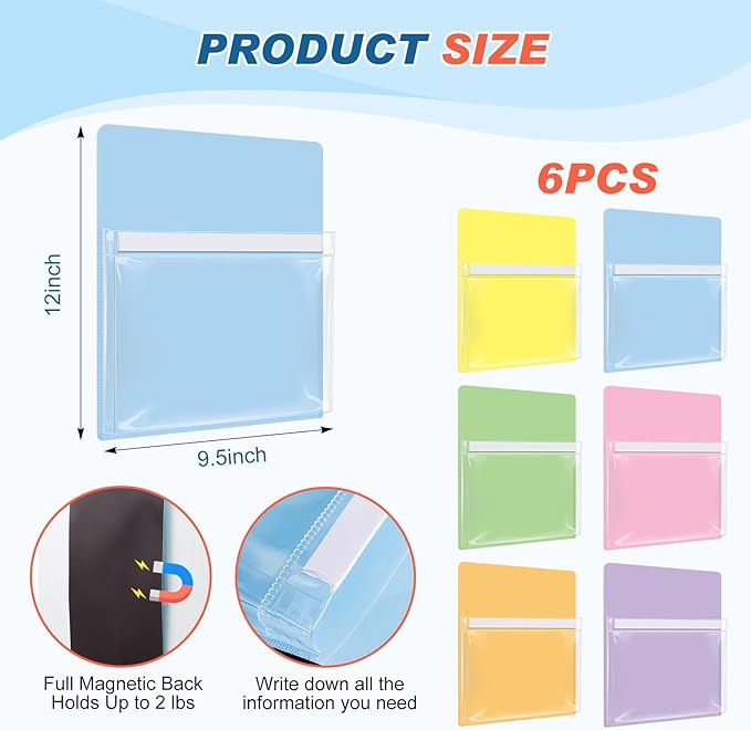 Fuutreo 6 Pack Magnetic File Holder with Clear Pocket and Label Insert 12 x 9.5 Inch Wall File Organizer for Whiteboard Fridge Locker Office Magazine Holder for Paper Mail(Macaron Color,Vertical)