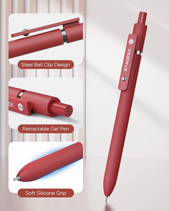 STAGEEK GX3 Red Gel Pens, 6 Pcs Quick Dry Smooth Writing Pen with 3 Refills | Red Ink Pens, 0.7mm Fine Point, Retractable, Office, School Supplies, Journaling & Note Taking, for Nurses, Teachers