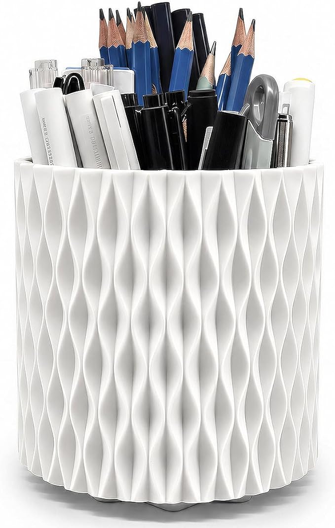 Lebenrich Rotating Pen Holder for Desk, 5 Slots Easthetic Pencil holder Desk Organizer Supplies and Accessories for Women Girls, Pencil Cup for Office Home Art Supply, White