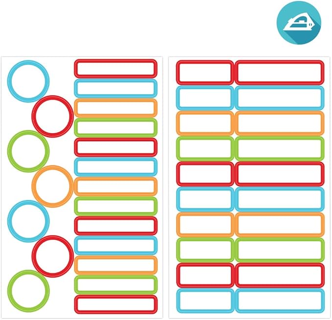 ETIKIDS 40 Writable Fabric Clothing Labels for School and Nursery, Colorful, Customizable, Washable, Iron-on, for Kids, Newborns, and Adults, Diverse Sizes, Colored Borders