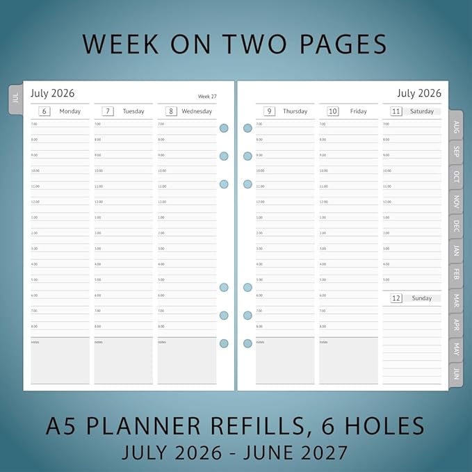 newestor 2026-2027 A5 Planner Inserts, Filofax A5 Compatible, Jul 2026 - Jun 2027, Weekly and Monthly Appointment Book Pages, Tabbed, 6 Holes