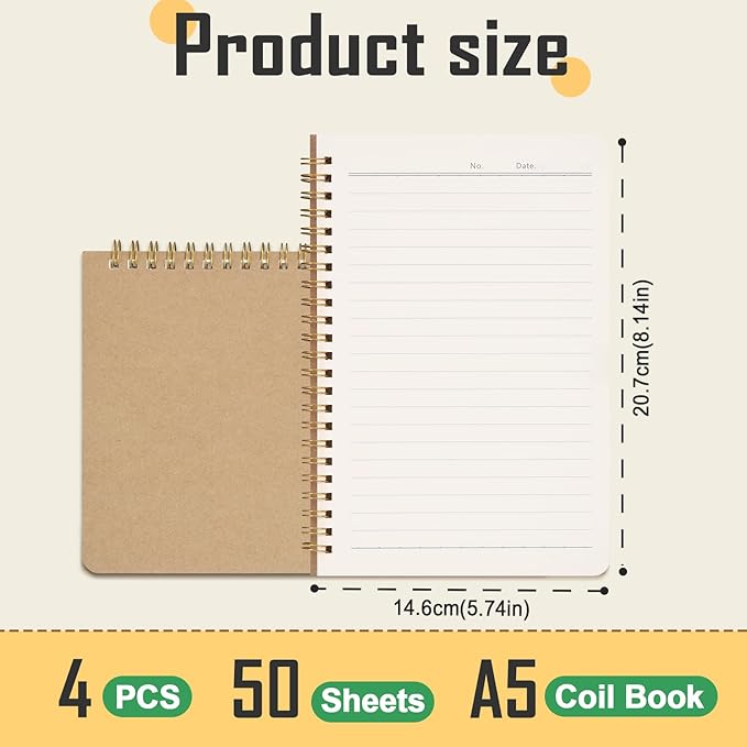 JIANTA Ruled Spiral Notebook, 4 Pack A5 Kraft Cover Wirebound Notebooks Bulk Journals, Memo Notepads Planner for Business Office School Travel, 100 Pages/50 Sheets