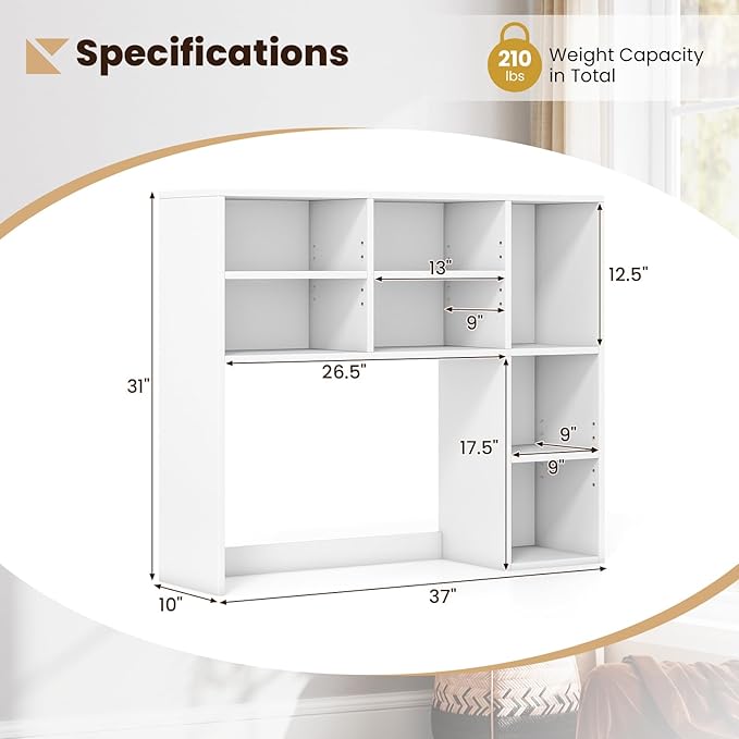 Giantex Desktop Bookshelf, Desk Hutch Dorm w/ 7 Cubes & 3 Adjustable Shelves, Desk Shelf for Up to 27" Computer Monitors, Wooden Desktop Storage Organizer for Dorm College Office Home (White)