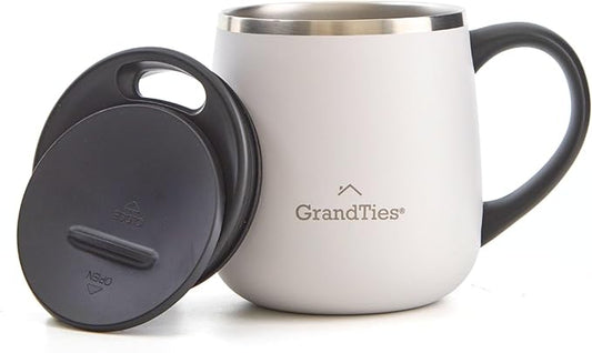 GRANDTIES 11oz Insulated Coffee Mug with Sliding Lid, Wine-Glass Shape Thermal Tumbler with Double Walled Vacuum Stainless Steel to Keeps Beverages Hot or Cold (Pearl)