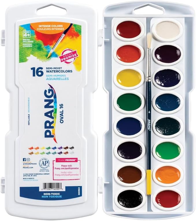 Prang Semi-Moist Watercolors 16-Color Refillable Oval Pan Set with Size 6 Paintbrush, Class Pack of 6