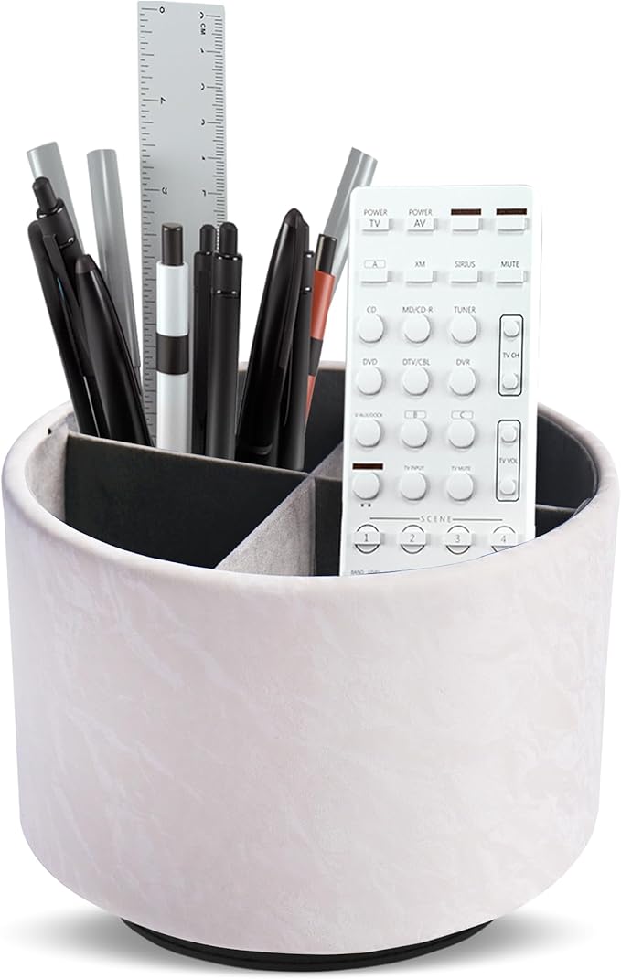 Round Leather Art Supply Organizer,Remote Control Holder,360 Degree Spinning,Multi-Functional Pencil Holder,4 Compartments Desktop Stationary Organizer(1-Hill White)