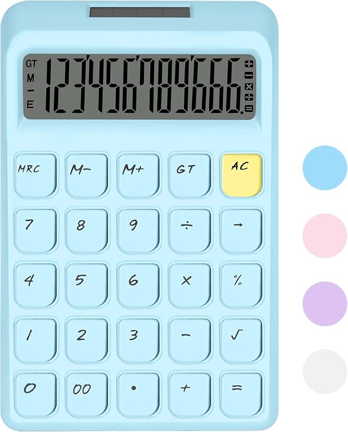 Cute Calculator, Calculators Desktop, Blue Calculator Big Buttons, Solar and Battery Dual Power, 12-Digits Large LCD Display, Desk Calculators for Office Home School Basic Business (Blue)