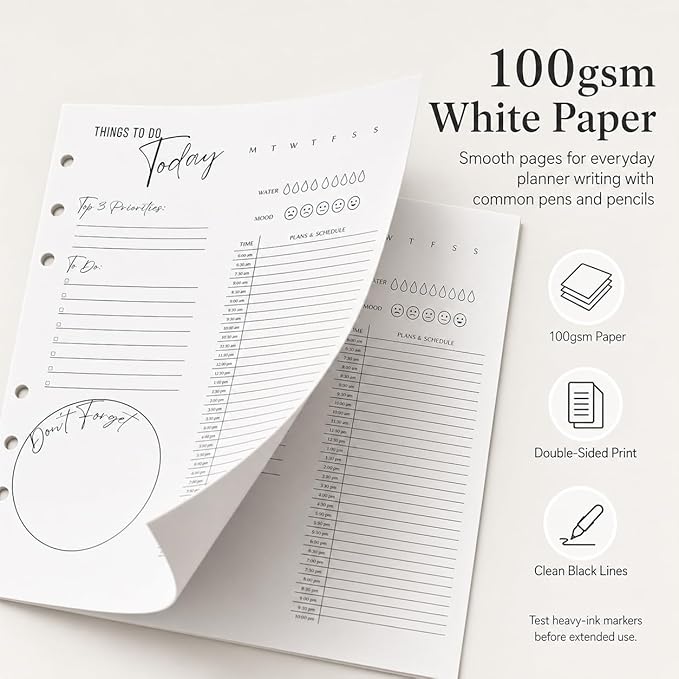 A5 Daily Planner Inserts, 6-Ring Undated Planner Refill Pages with To Do List, Hourly Schedule & Reminders, 100 Double-Sided Sheets, 100gsm White Paper, 5.8 x 8.3 in
