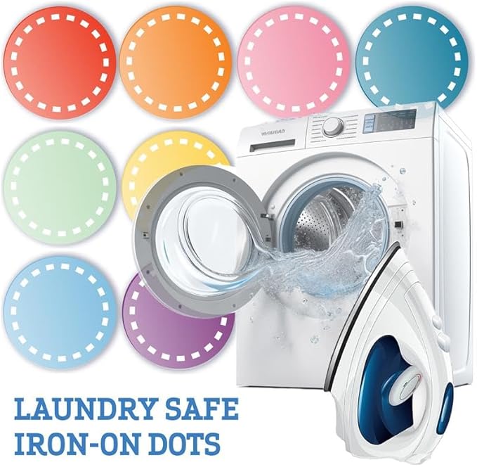 Color Coded Iron On Dot Labels - 200pcs, 8 Colors (25 Each Color) for Clothes & Laundry Organization, Round Clothing Labels for Adults and Kids, Washer & Dryer Safe