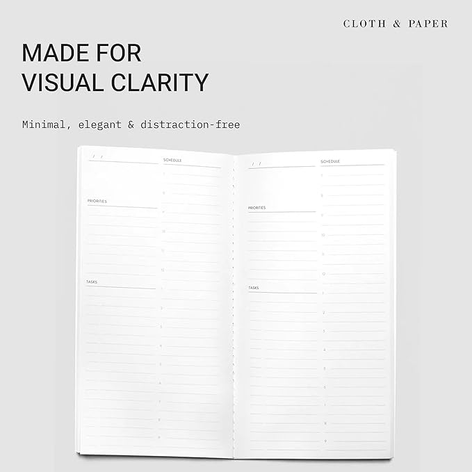 Cloth & Paper Travel Notebook | Undated Daily Planner – Verona | A5 Slim Daily Planner 4.3" x 8.3" | Productivity Planner with Schedule, Priorities & Task Layout for Daily Planning – Soft Touch Cover