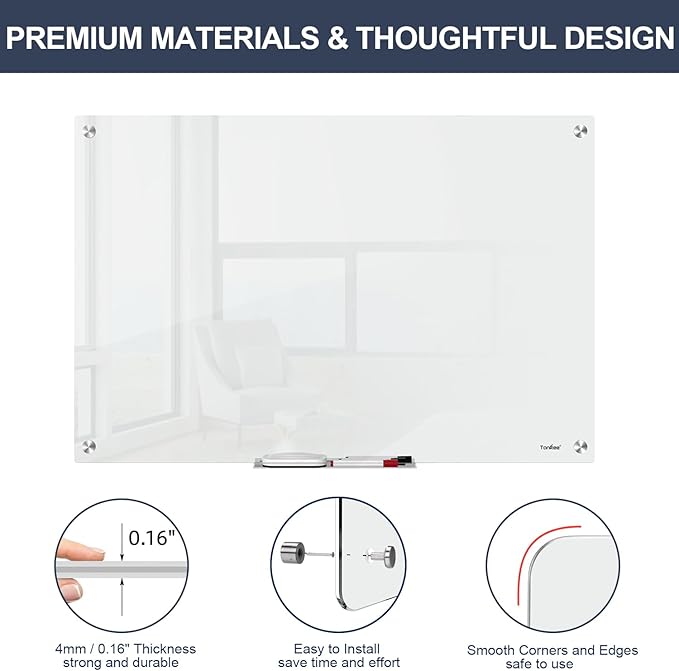 Glass Magnetic Dry Erase Whiteboard - TANKEE 36" x 24" Tempered Glass White Board, Large Modern Dry Erase Board for Wall, Office, Home, Shop Decoration, 3' x 2'
