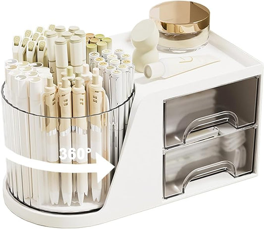 SAYEEC Rotating Desk Organizer with 2 Drawer 6 Slots Multi-Functional Pencil Pen Holder Desktop Makeup Organizer Stationery Accessories Storage Box Caddy for Office School Home Art Supplies (White)