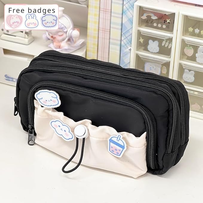 Cute Aesthetic Pencil Case Kawaii Pencil Case with Kawaii Pins Large Pencil Pouch Holder Preppy Supplies (black)