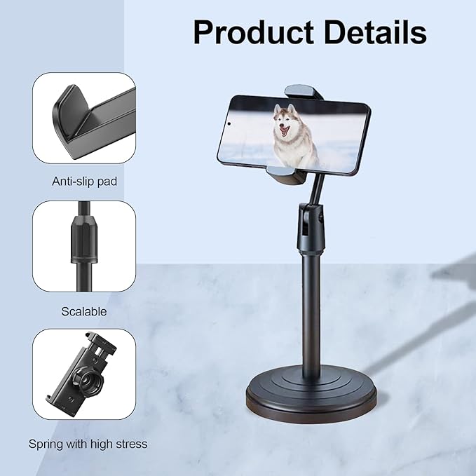 Adjustable Height (9.8-13inches) Phone Stand for Desk Office, Thick Case Compatible, 270 Flexible, Black