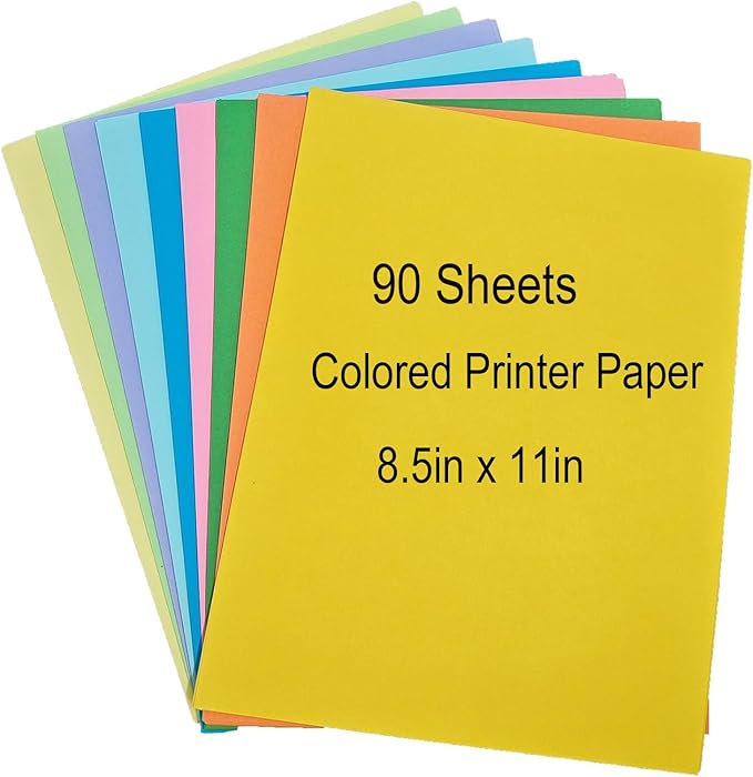 Colored Copy Paper 8.5 x 11 Printer Paper, 90 Sheets Colorful Paper Letter Size, Brightness Rainbow Lightweight Color Construction Paper for Arts Crafts DIY Origami School Office Supplies