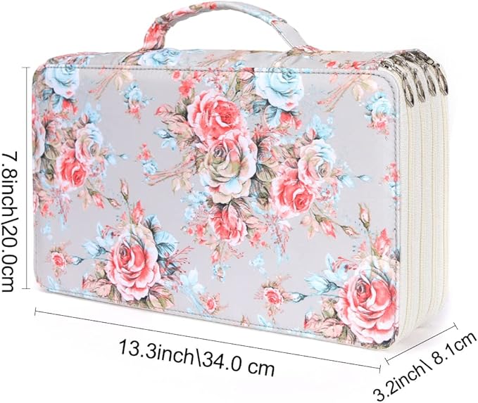 Vomgomfom 300 Slots Marker Bag, 4-Layer Zipper Portable Art Supply Organizer, PU Leather Large Capacity Marker Case Holds 100 Markers or 300 Colored Pencils with Handle (Gray Rose)
