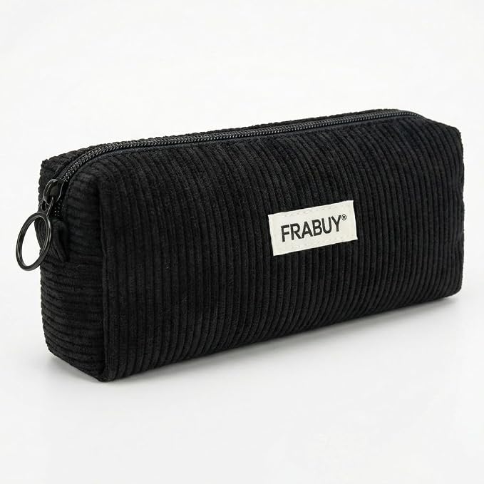 Soft Corduroy Pencil Case Pen Pouch Organizer, Small Stationery Bag | Cute black pencil pouch, smooth zipper, daily cosmetics holder, compact organizer for school teen girls, women