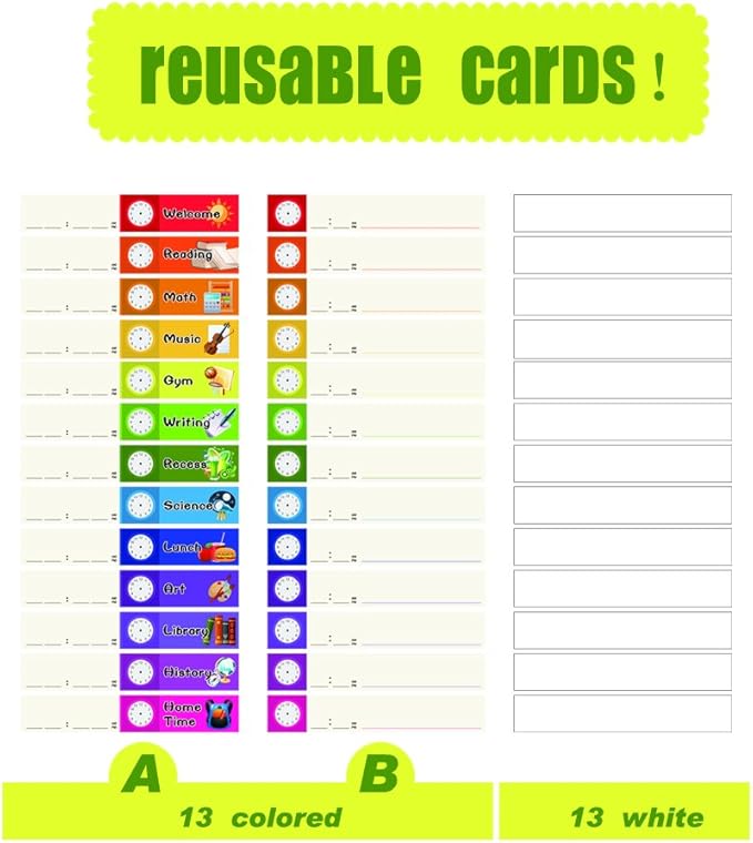 Daily Schedule Pocket Chart， Black Class Schedule with 26 Cards, 13+1 Pockets. 13 colored + 13 blank double-sided reusable Cards, Easy Over-door Mountings included. (13” x 36”)