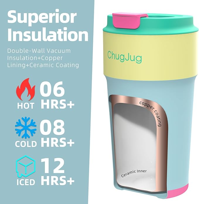 16 oz Travel Coffee Mug with Ceramic Coating, Leak-Proof Vacuum Insulated Coffee Tumbler with Lid, Reusable Double Wall Stainless Steel Travel Cup for Hot& Cold Drinks (Teal)