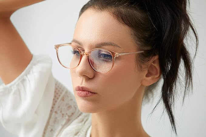 FONHCOO Stylish Blue Light Glasses Women Men Eyeglasses, TR90 Fashion Round Transparent Eye Glasses (Shiny Champagne)