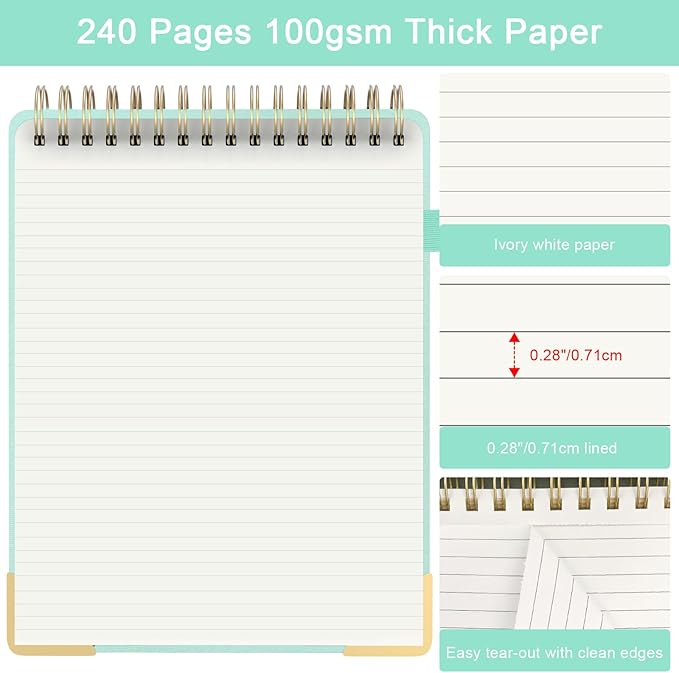 Aesthetic Top Spiral Notebook, A4 Large Linen Hardcover Top Bound Steno Pads, 240 Pages 100gsm Thick Lined Paper Left Handed Notebook Journal for Work, School, Church Writing - Green, 8.5" x 11"