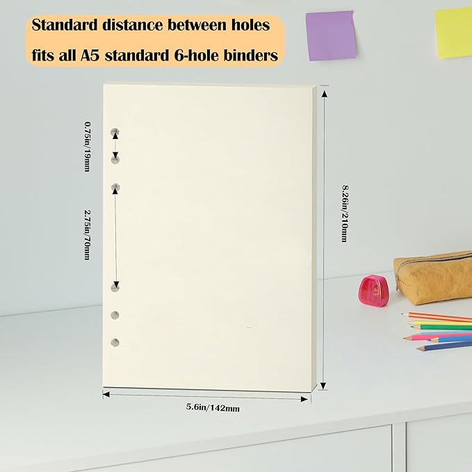 A5 Blank Notebook Refill, 6-Hole Punched, 100GSM Loose-Leaf Paper and Planner Inserts for Sketchbooks, Journals, and Personal Writing,80 Sheets/160 Pages