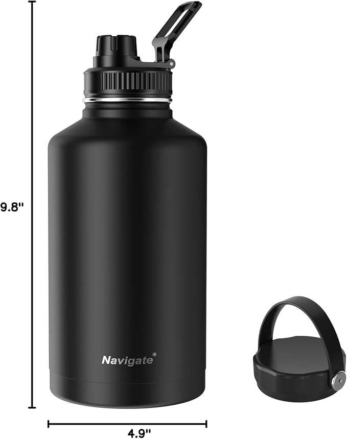 Navigate 64oz Insulated Water Bottle for Sports, Keep Cold 24H | 2-in-1 Spout and Handle Lids, Double Leak-Proof, 18/8 Stainless Steel, BPA-Free, Wide Mouth for Gym and Hiking,Black