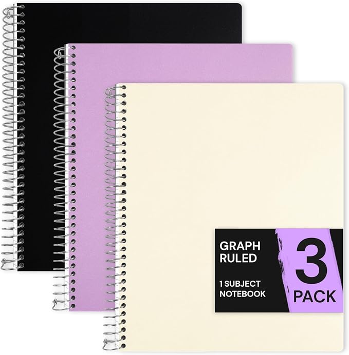 ONAVIA 1 Subject Graph Paper Spiral Notebook 3 Pack, 200 Pages